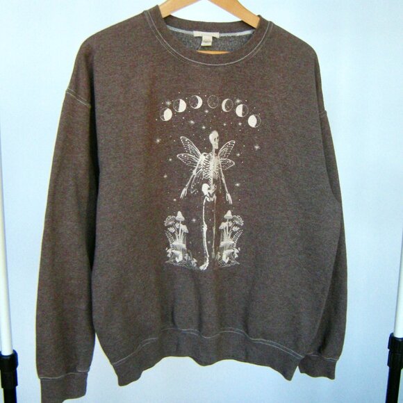 Full Tilt size L-XL Faerie Skeleton Sweatshirt with Mushrooms and Moons Lt Brown - Picture 1 of 9